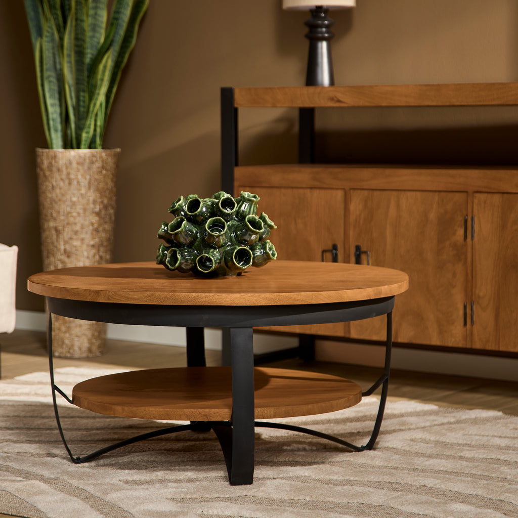 Runder Couchtisch Paris – Mangoholz mit schwarzem Metallgestell, 2 Ebenen, Ø90 x 43 cm