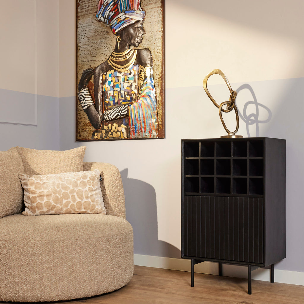 Weinregal Mandy Schwarz 55x35x90 cm – elegantes Mangoholz-Regal mit Lamellenfront & 15 Flaschenfächern