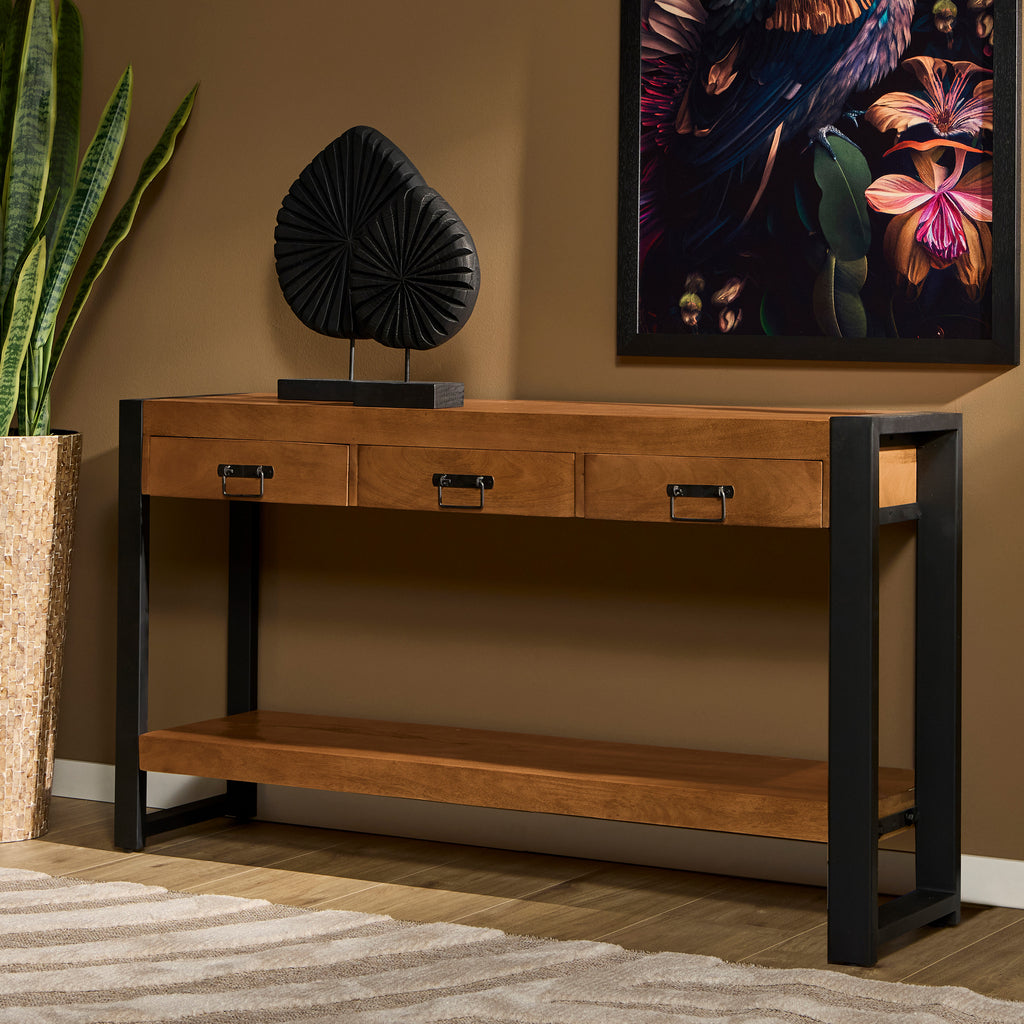 Konsolentisch Bori Natur – eleganter Tisch aus Mangoholz mit schwarzem Metallgestell & 3 Schubladen, 150 x 35 x 76 cm