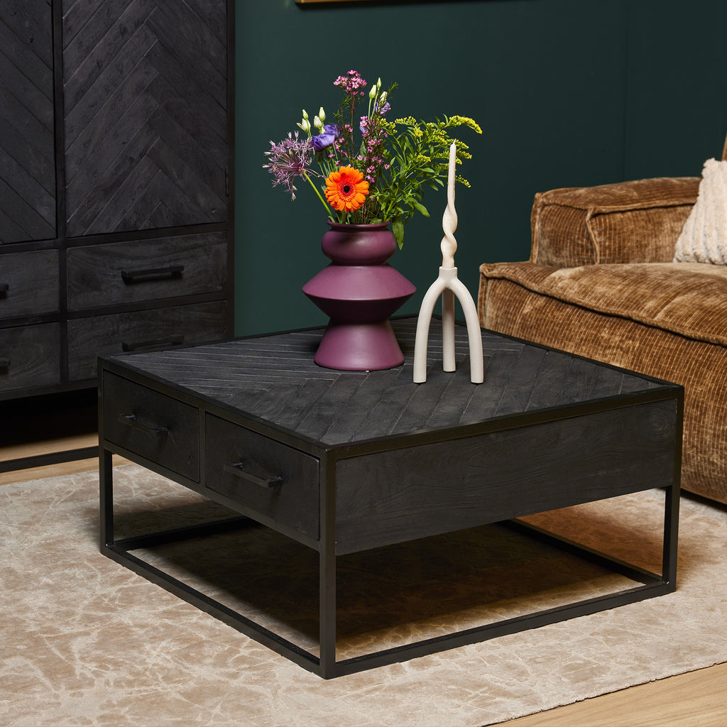 Couchtisch Sydney Schwarz 80x80x40 cm – Quadratischer Mangoholztisch mit Fischgrätmuster & 4 Schubladen