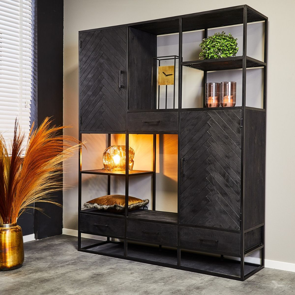 Bücherregal Sydney Schwarz – Mangoholz Schrank 160×200×45 cm mit Fischgrätenmuster & schwarzen Metallakzenten