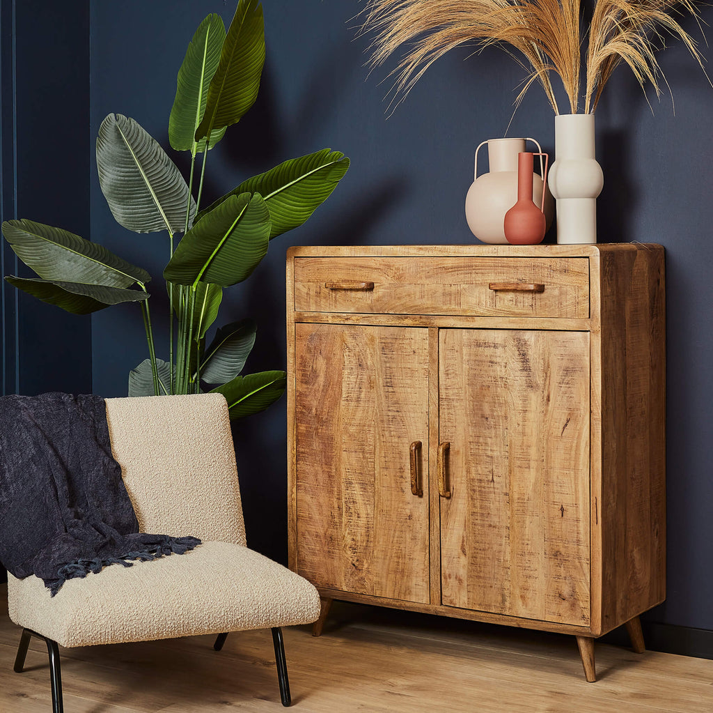 Schrank Raven Natur – Mangoholz mit Designelementen, 1 Schublade & 2 Türen, 100 x 45 x 115 cm