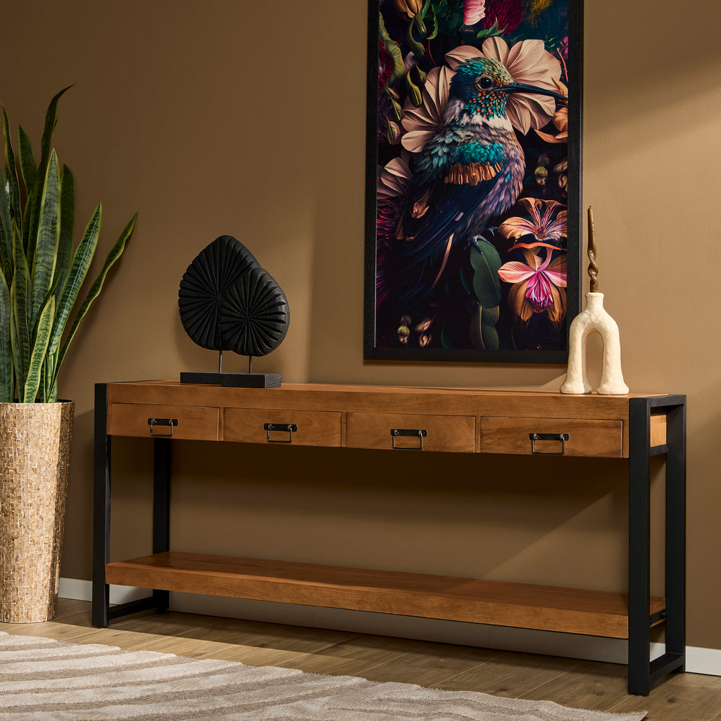 Konsolentisch Bori Schwarz – Mangoholz Tisch 180×76×35 cm mit 4 Schubladen & modernem Metallgestell