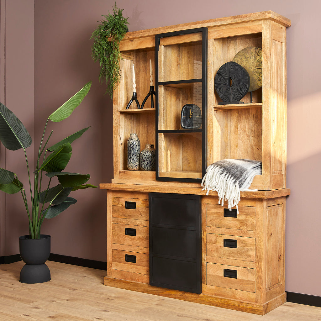 Vitrine Nizza – Mangoholzschrank mit schwarzen Metalltüren, 160×45×220 cm, 4 Türen & 6 Schubladen im modernen Design