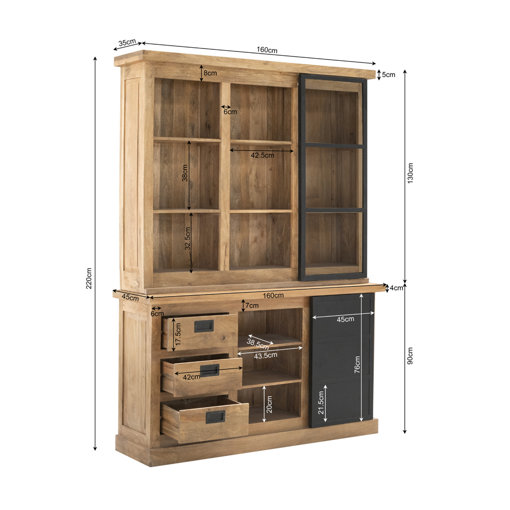 Vitrine Nizza – Mangoholzschrank mit schwarzen Metalltüren, 160×45×220 cm, 4 Türen & 6 Schubladen im modernen Design