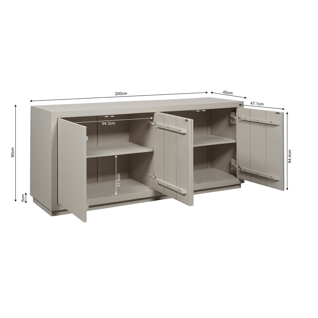 Sideboard Bali Sand 200x45x80 cm – modernes Mangoholz mit 4 Türen & Push-to-Open-System