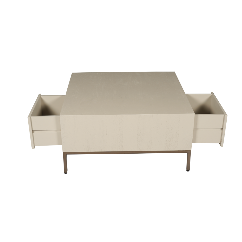 Couchtisch Mandy Sand 80x80x40 cm – Mangoholz mit Schubladen & bronzefarbenen Metallbeinen