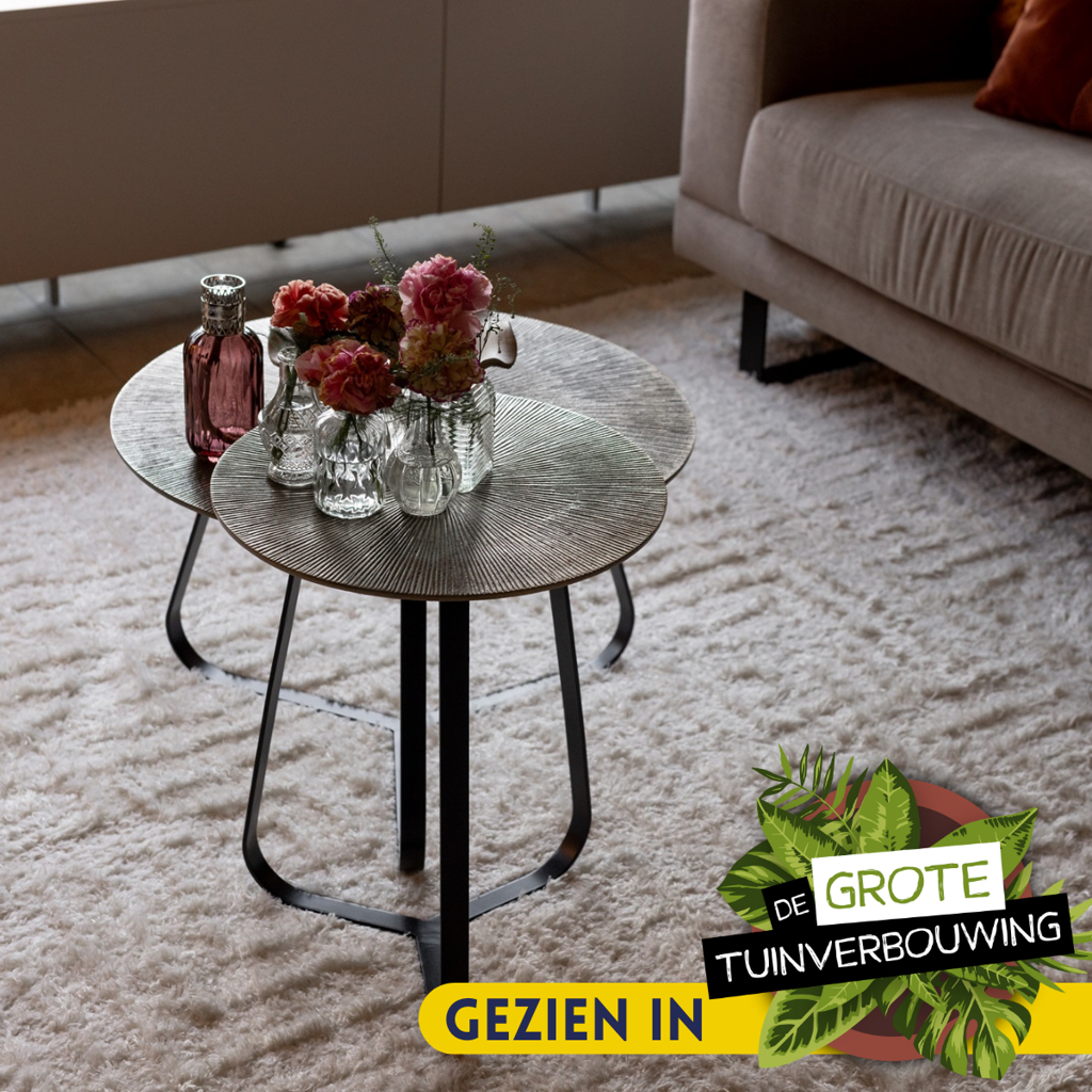 Couchtisch Kate Gold – runder Aluminium Tisch mit schwarzem Gestell, 40×50 cm, stilvolles Design für moderne Wohnzimmer