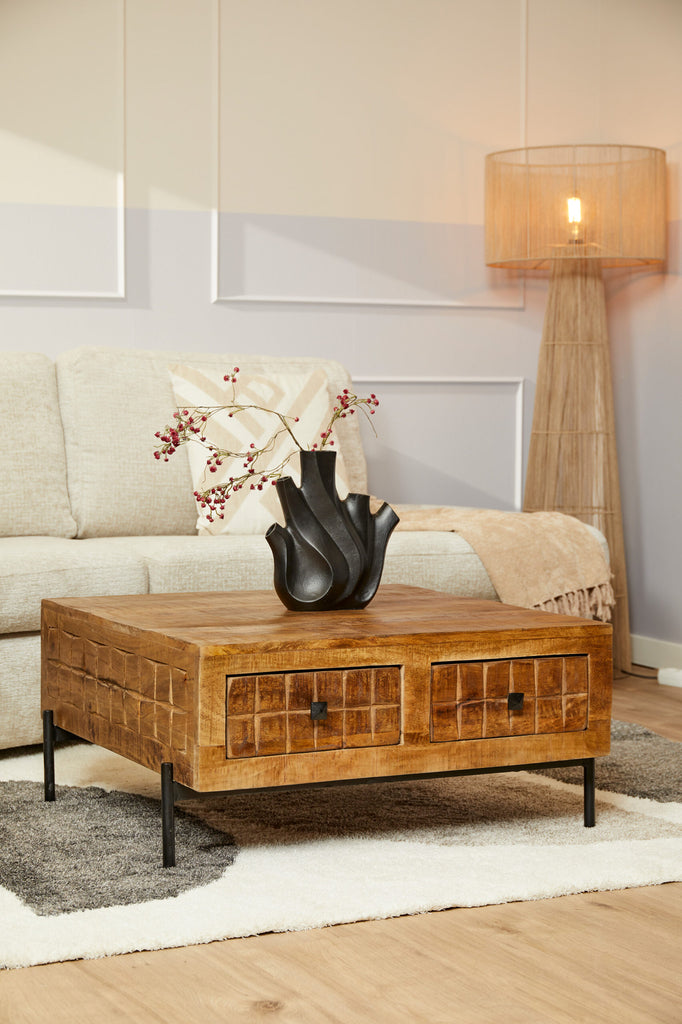 Couchtisch Jacky Natur – Mangoholz, 4 Schubladen, 80 x 80 x 40 cm