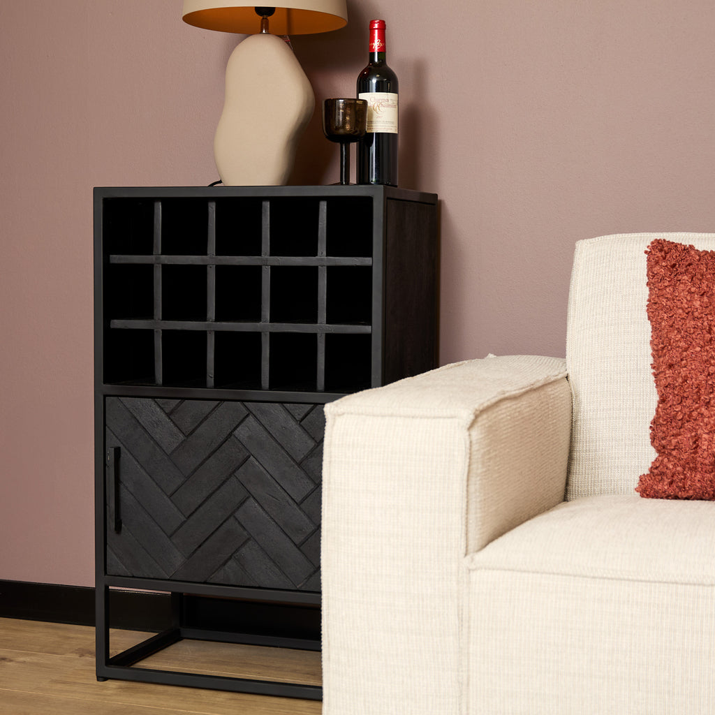 Weinbar Sydney Schwarz 55x35x90 cm – Stilvolle Minibar aus Mangoholz mit Fischgrätmuster & Stauraum für Gläser & Flaschen