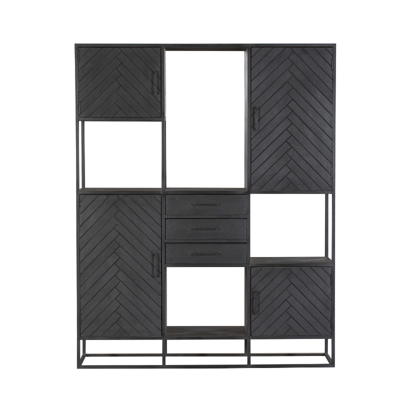 Regal Sydney XXL Schwarz 160x45x200 cm – Mangoholz im Fischgrätenmuster mit Schrankfunktion & viel Stauraum