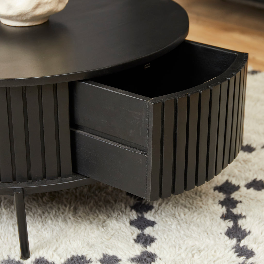 Couchtisch Mandy Schwarz Rund 80x80x40 cm – Mangoholz Tisch mit 2 Schubladen & Metallgestell