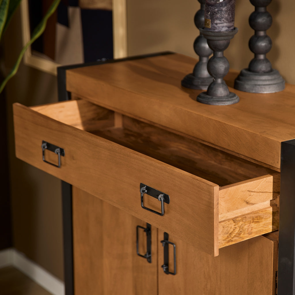 Schrank Bori Natur – Mangoholzschrank 100×40×115 cm mit 2 Türen & 1 Schublade, Metallrahmen Schwarz