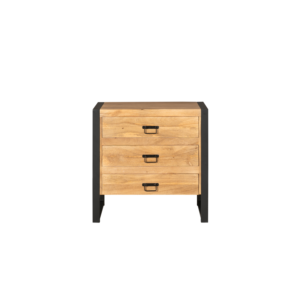 Kommode Bori Natur – Mangoholz mit 3 Schubladen & schwarzem Metall, 80 x 40 x 80 cm