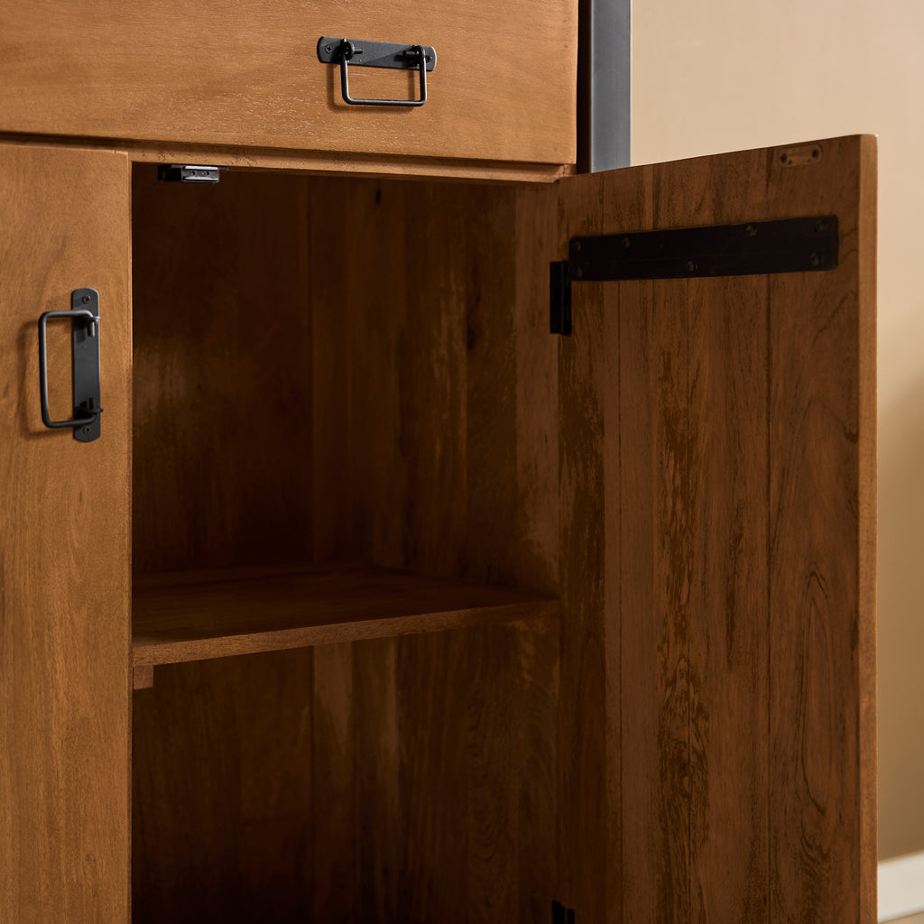 Schrank Bori Natur – Mangoholzschrank 100×40×115 cm mit 2 Türen & 1 Schublade, Metallrahmen Schwarz