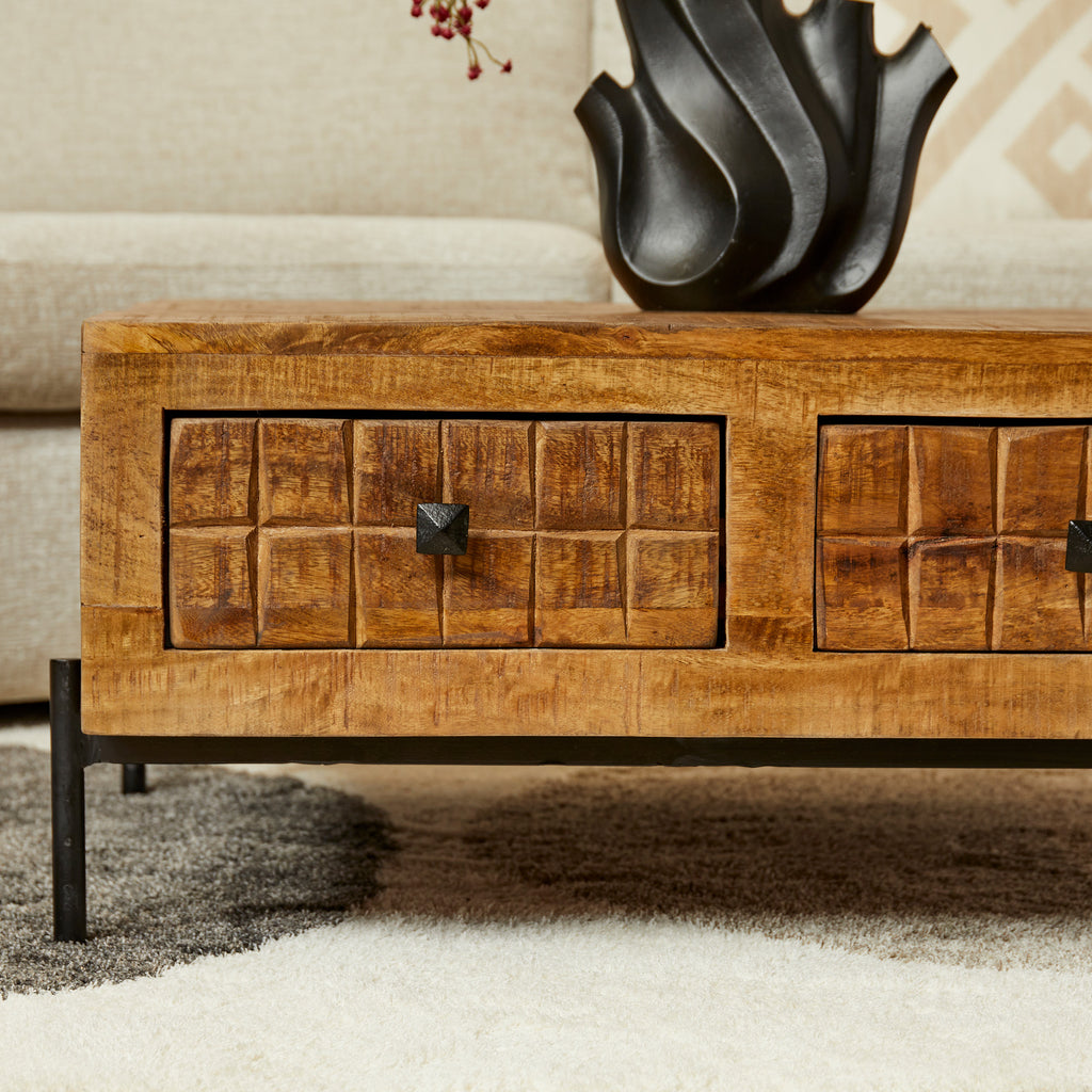 Couchtisch Jacky Natur – Mangoholz, 4 Schubladen, 80 x 80 x 40 cm