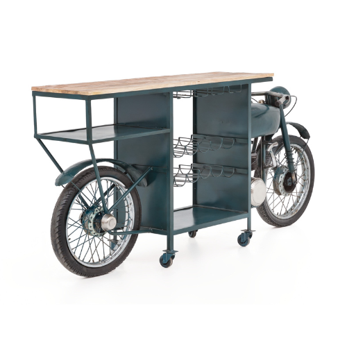 Motor Bar Industrial – Bartheke aus Metall in Blau, modernes Industrial-Design, 226 x 46 x 99 cm
