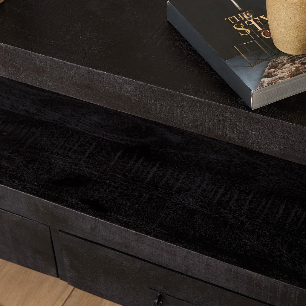 TV Board Bori Schwarz 100x45x60 cm – modernes Mangoholz Lowboard mit Schubladen, offenem Fach & Metallgestell