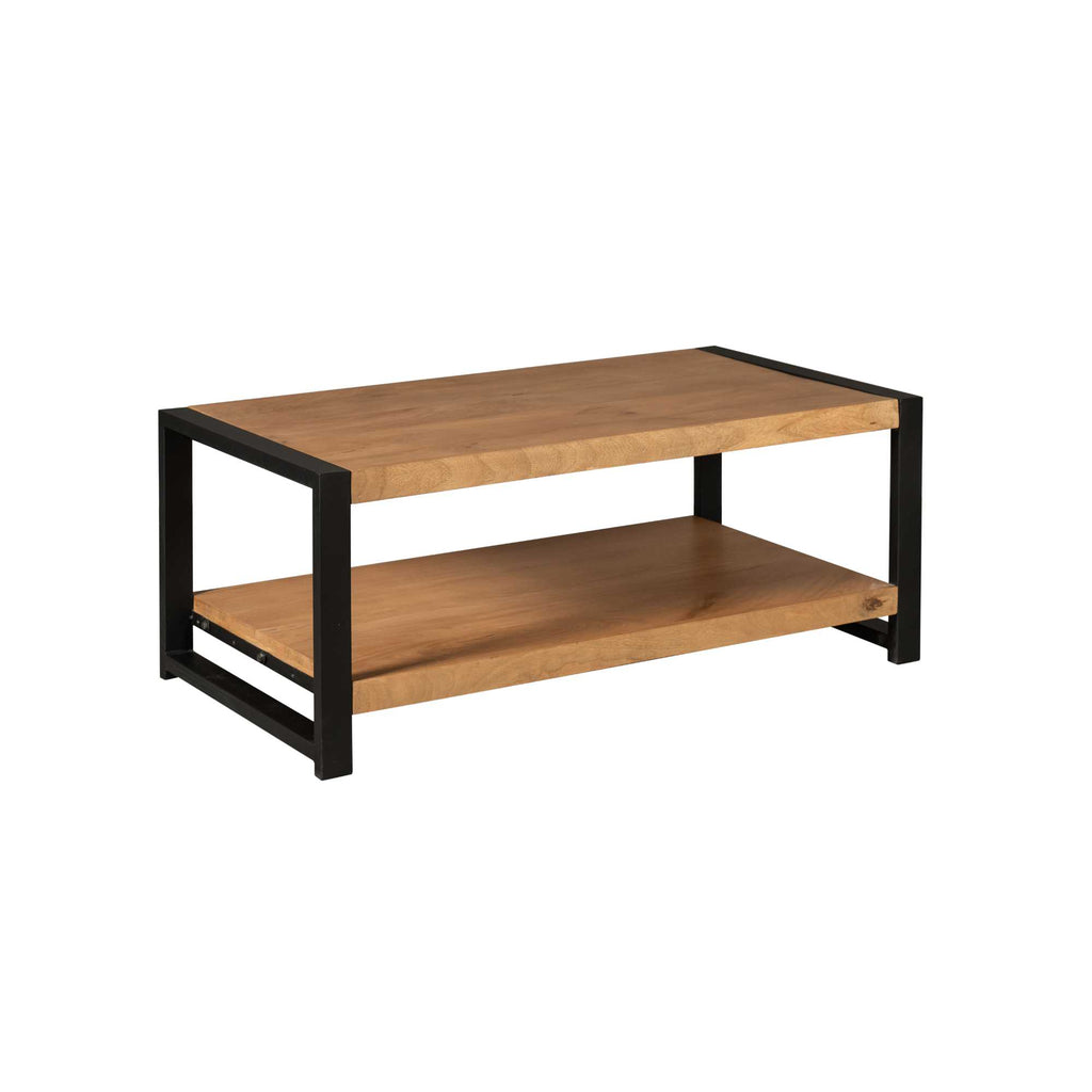 Couchtisch Bori Natur – Rechteckiger Tisch aus Mangoholz & Metall mit Ablagefach, 110 x 60 x 45 cm