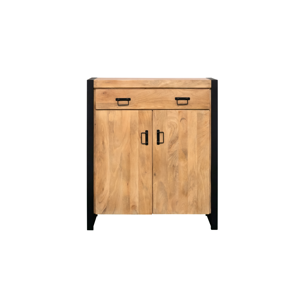Schrank Bori Natur – Mangoholzschrank 100×40×115 cm mit 2 Türen & 1 Schublade, Metallrahmen Schwarz