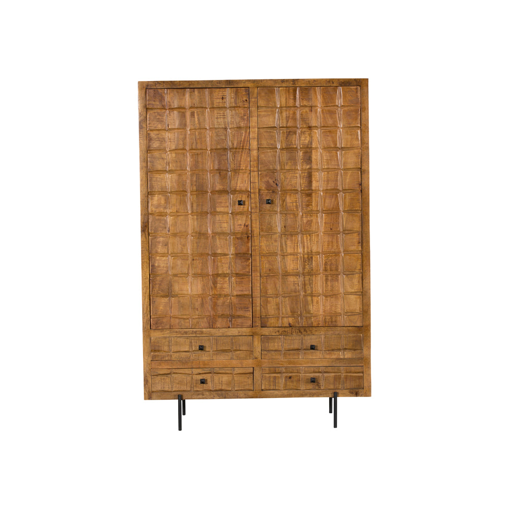 Schrank Jacky Natur – Mangoholz & Metallbeine, 100 x 40 x 180 cm, 2 Türen, 4 Schubladen, einzigartiges Design