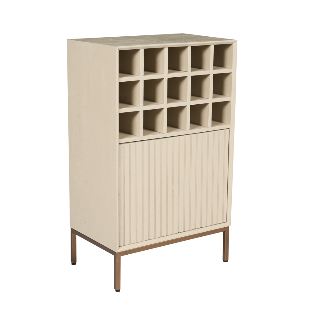 Weinschrank Mandy Sand – Mango Holz mit 15 Flaschenfächern & Tür im Lamellendesign, 55 x 35 x 90 cm