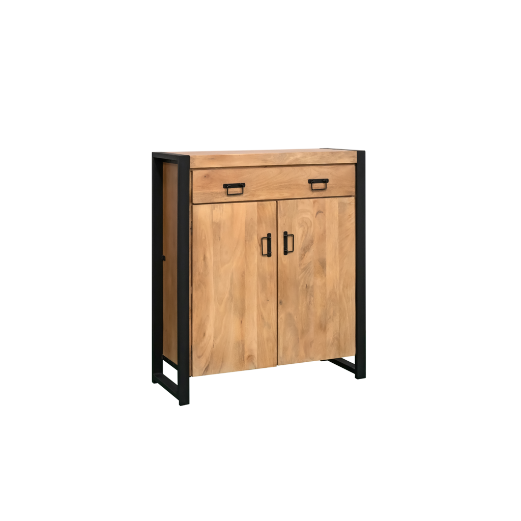 Schrank Bori Natur – Mangoholzschrank 100×40×115 cm mit 2 Türen & 1 Schublade, Metallrahmen Schwarz