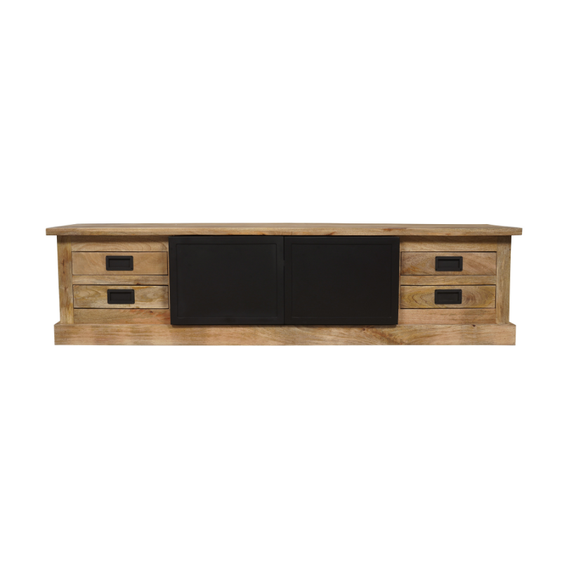TV-Board Nizza 200 x 45 x 50 cm – Mangoholz & schwarze Metalltüren, mit 2 Türen & 4 Schubladen