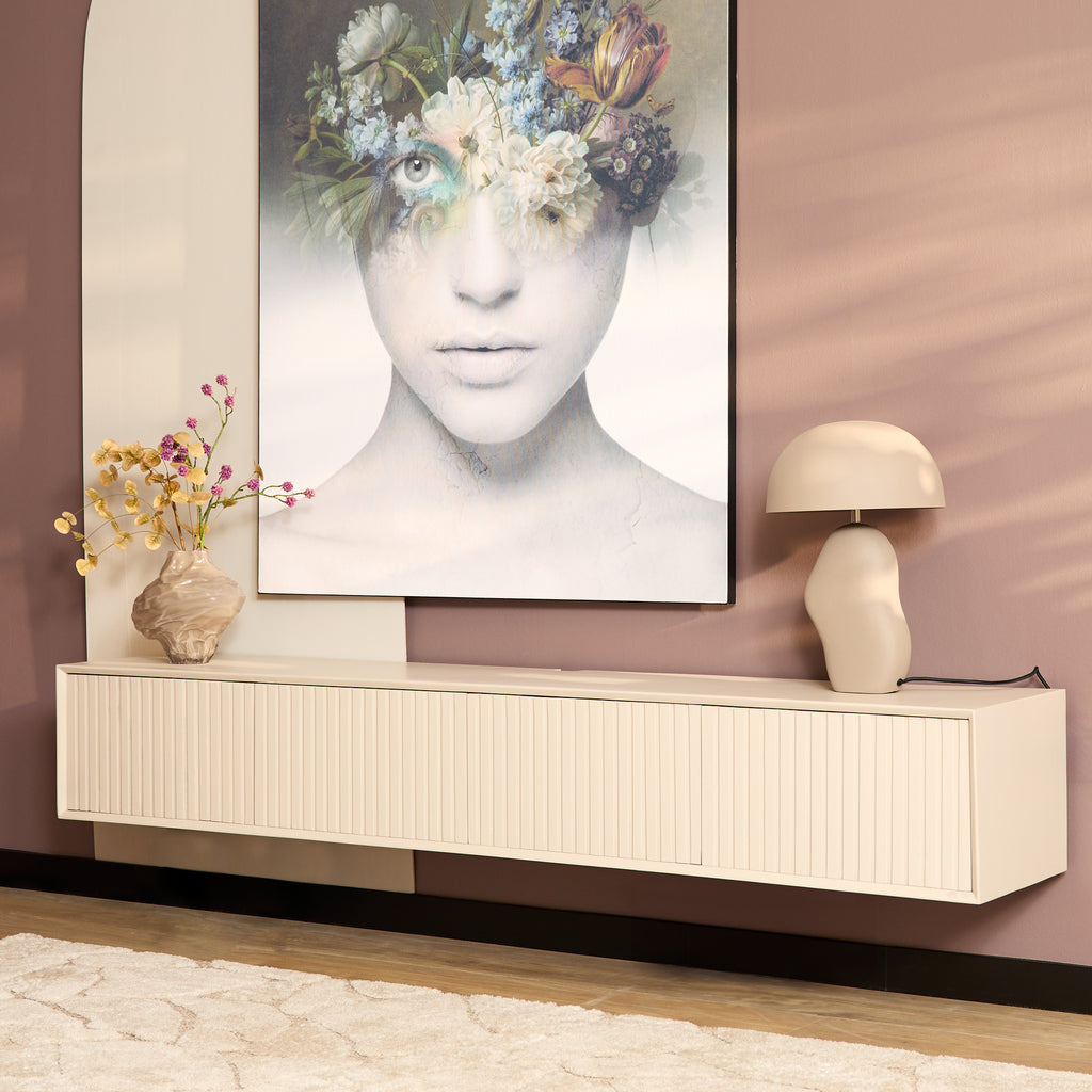 Schwebendes TV Board Mandy Sand 200x35x30 cm – modernes Mangoholz Lowboard mit Lamellenfront & Push-to-Open