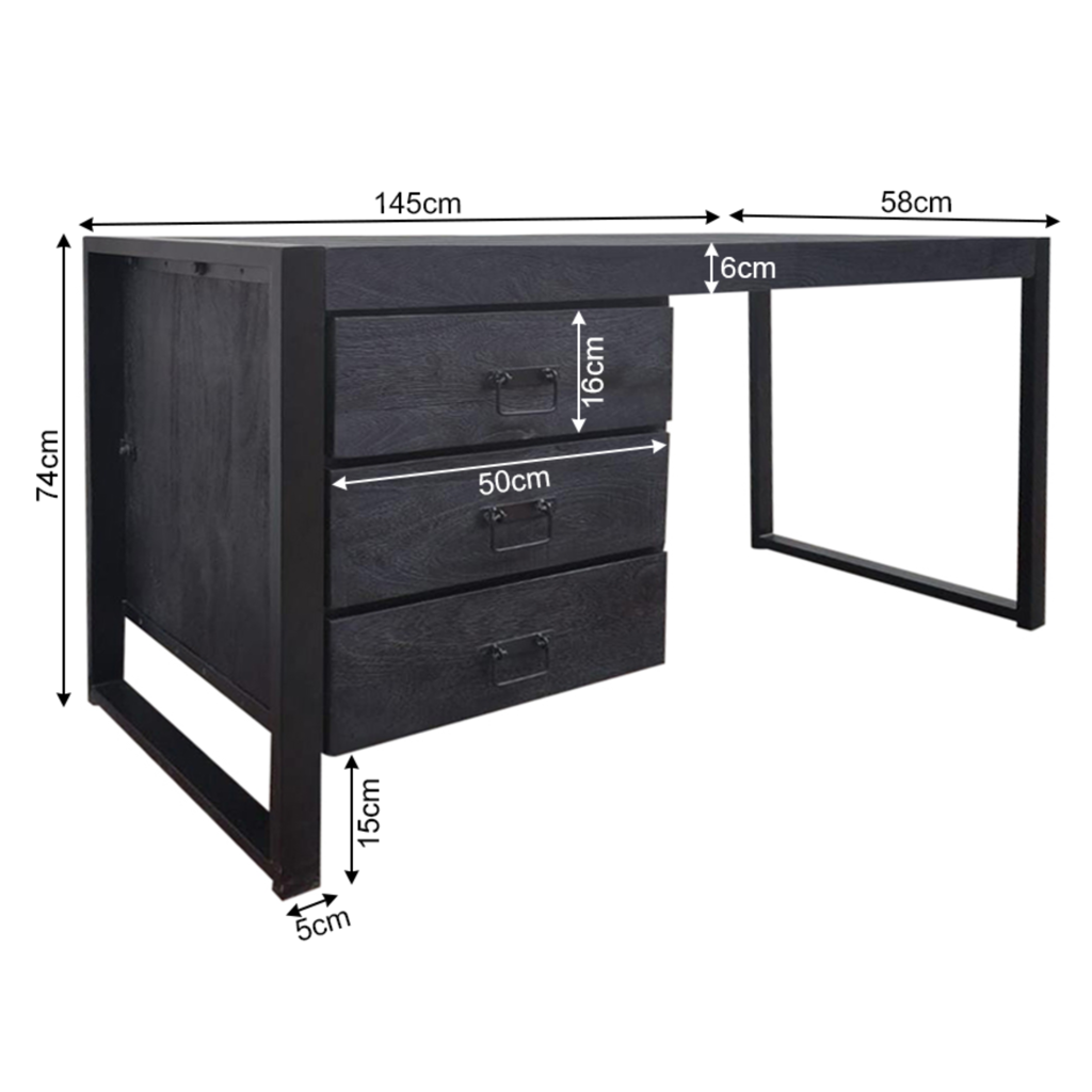 Schreibtisch Bori Schwarz – Mangoholz & Metall, 145 x 58 x 74 cm, 3 Schubladen, modernes Home-Office Design