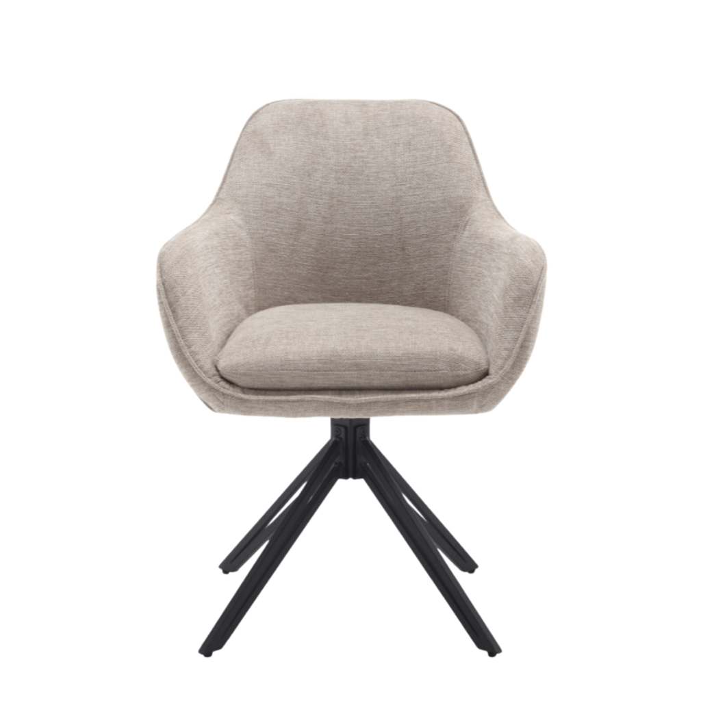 Esszimmerstuhl Jamey Beige – moderner Drehstuhl 60×62×85 cm mit Memory-Rückkehr & schwarzem Metallgestell