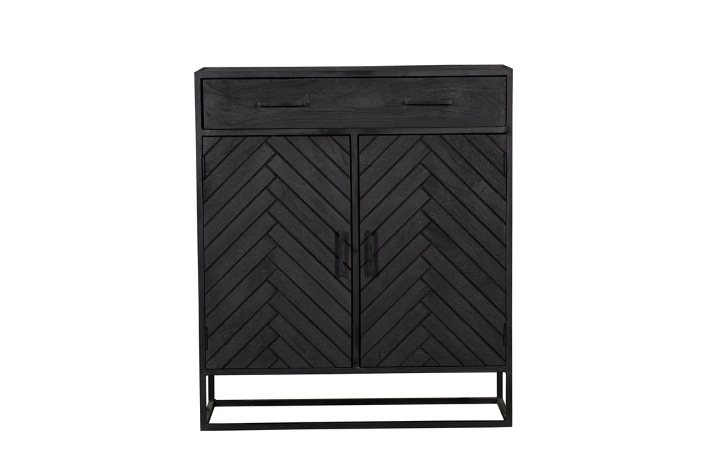 Highboard Sydney – Mangoholz Schrank mit Fischgrätenmuster & Metallgestell 100×40×115 cm