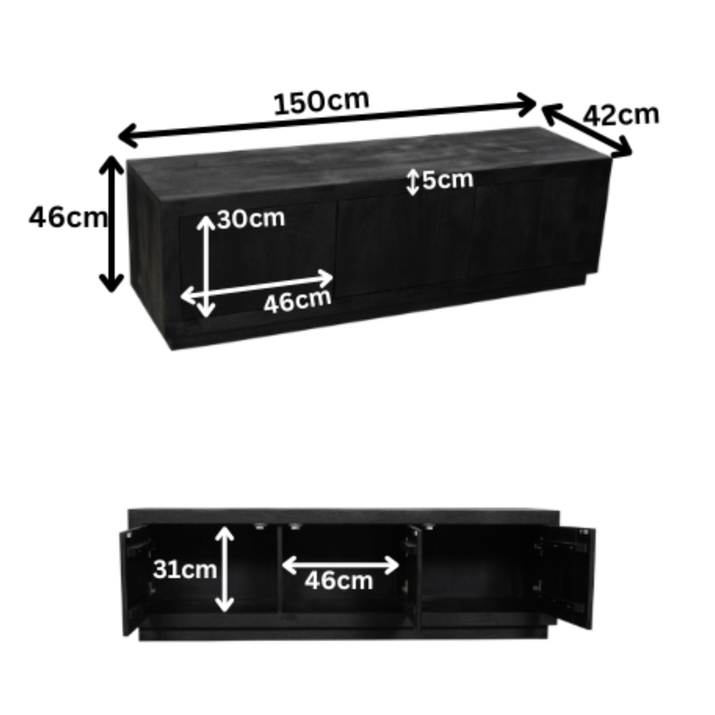 TV-Board Bali Schwarz – Lowboard aus Mangoholz mit Push-to-Open Türen, 150 x 42 x 46 cm