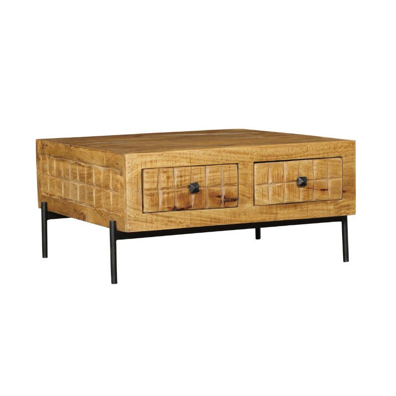Couchtisch Jacky Natur – Mangoholz, 4 Schubladen, 80 x 80 x 40 cm