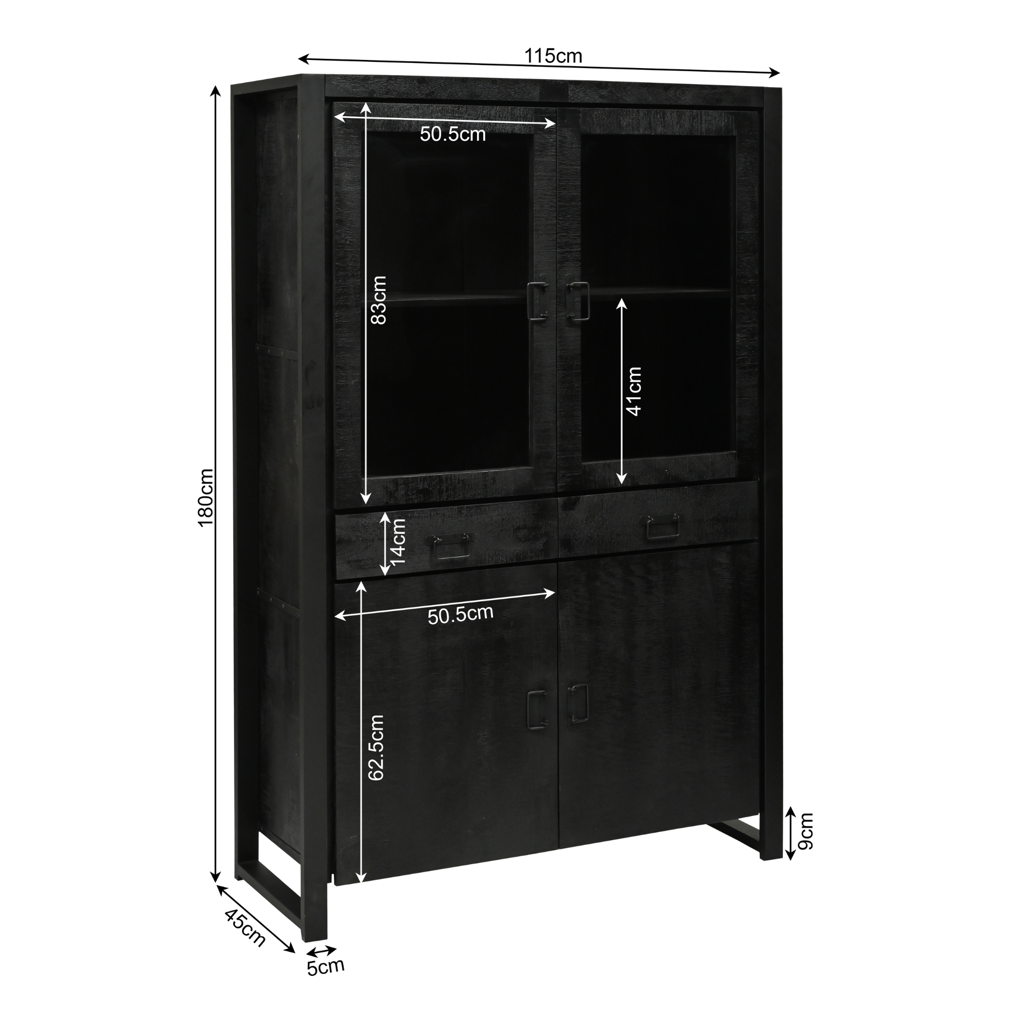 Vitrine Bori Schwarz – Mangoholz mit Metallrahmen, 2 Schubladen, 4 Türen & Regalfächer, 115 x 45 x 180 cm