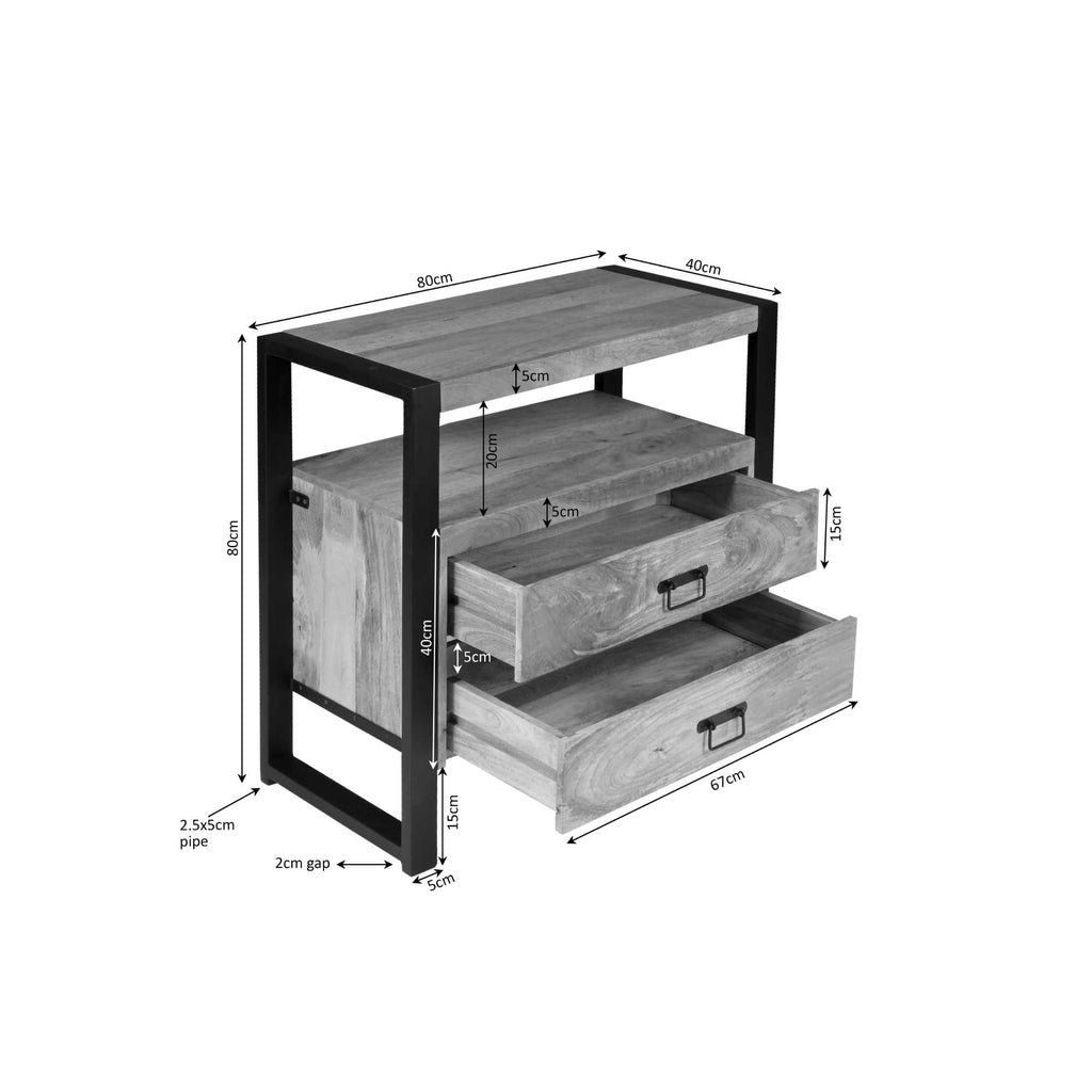 Kommode Bori Schwarz – Mangoholz Schubladenschrank mit Metallgestell & Lamellen-Optik, 80×80×40 cm, 2 Schubladen. Elegante Wohnkommode im zeitlosen Design