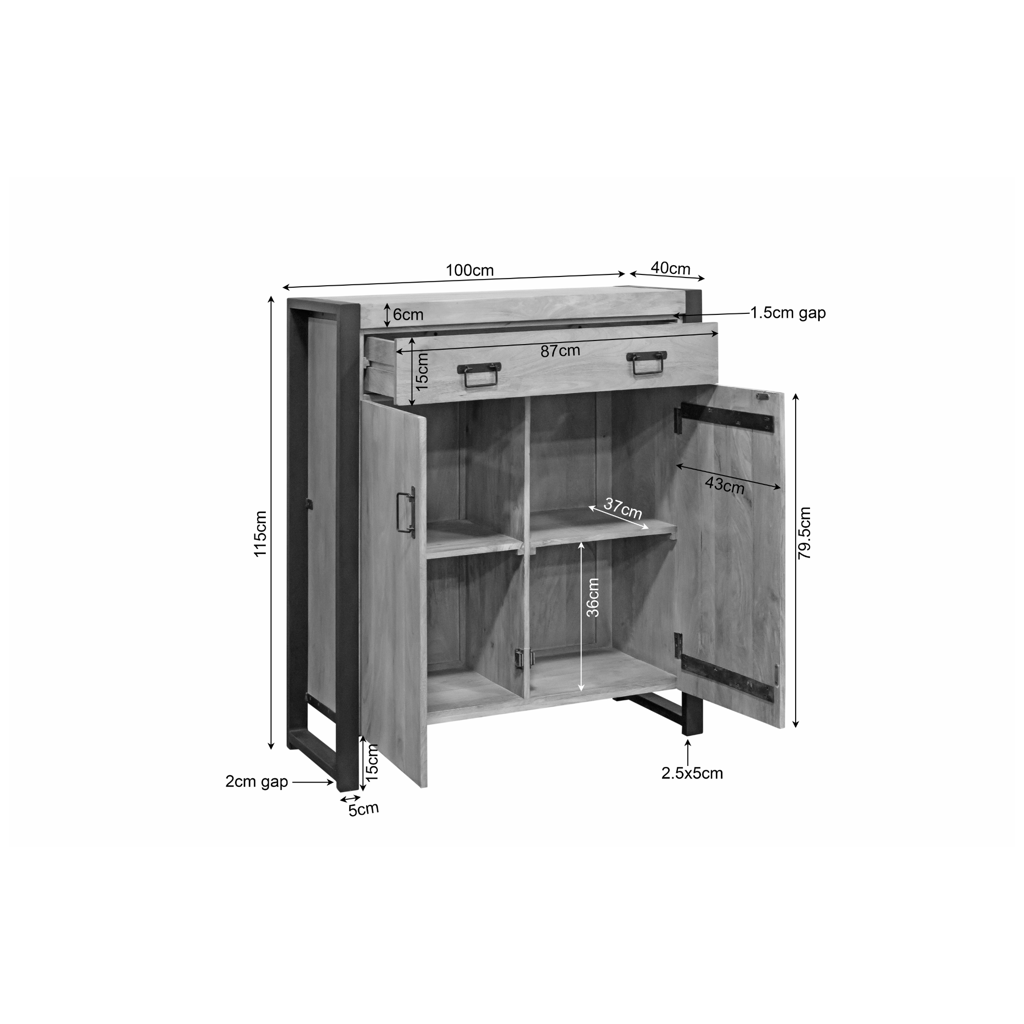Schrank Bori Natur – Mangoholzschrank 100×40×115 cm mit 2 Türen & 1 Schublade, Metallrahmen Schwarz