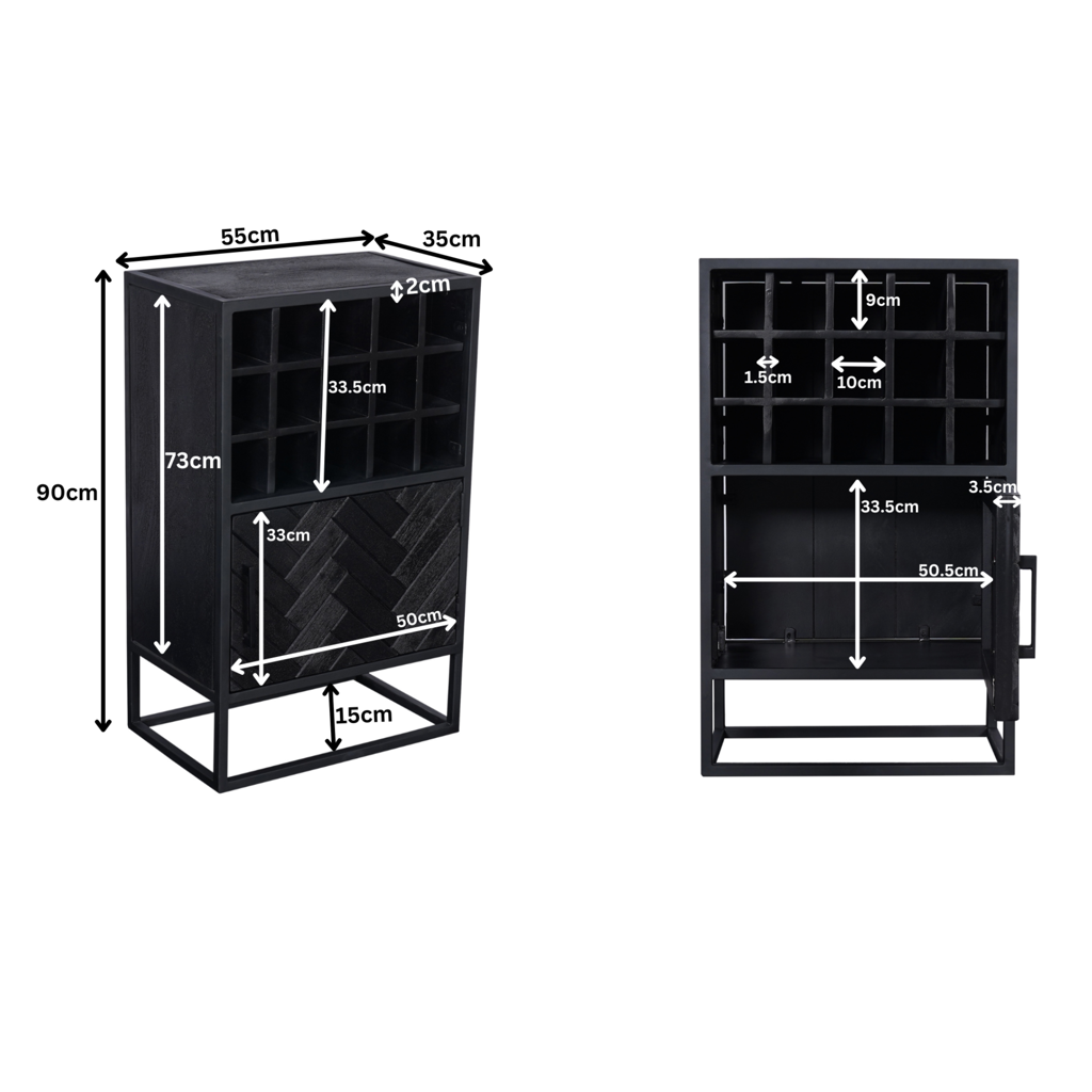 Weinbar Sydney Schwarz 55x35x90 cm – Stilvolle Minibar aus Mangoholz mit Fischgrätmuster & Stauraum für Gläser & Flaschen