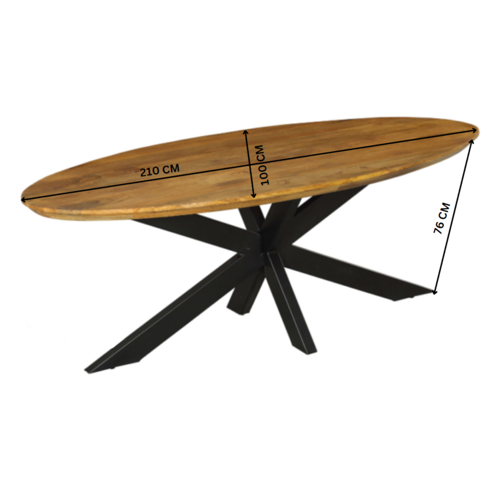 Esstisch Jacky Natur – ovaler Tisch aus Mangoholz mit schwarzem Metallgestell, 180 x 90 x 76 cm, 6 cm Platte