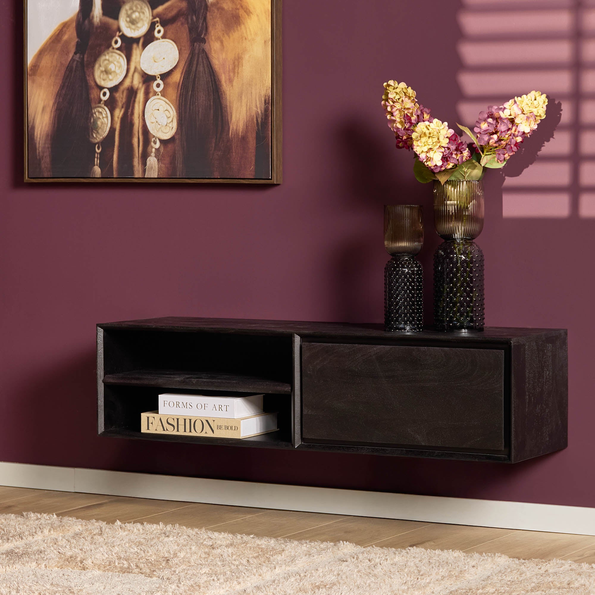 TV-Board Ambiance Schwarz Mangoholz 120×35×30 cm