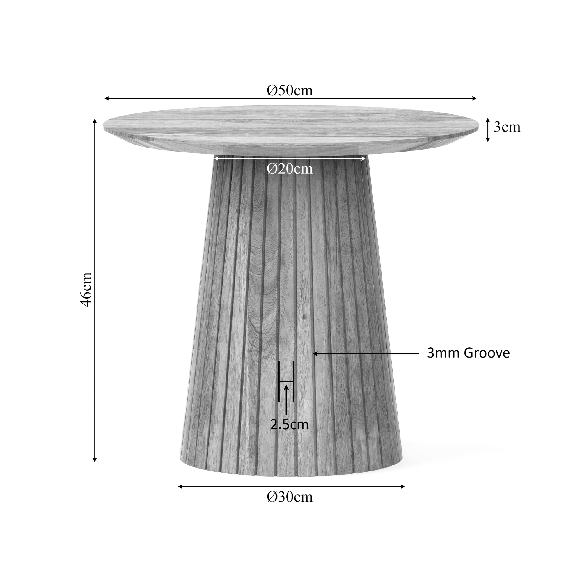 Couchtisch Sole 50x50x46 cm – Runder Wohnzimmertisch aus Mangoholz Natur mit modernem Lattenmuster