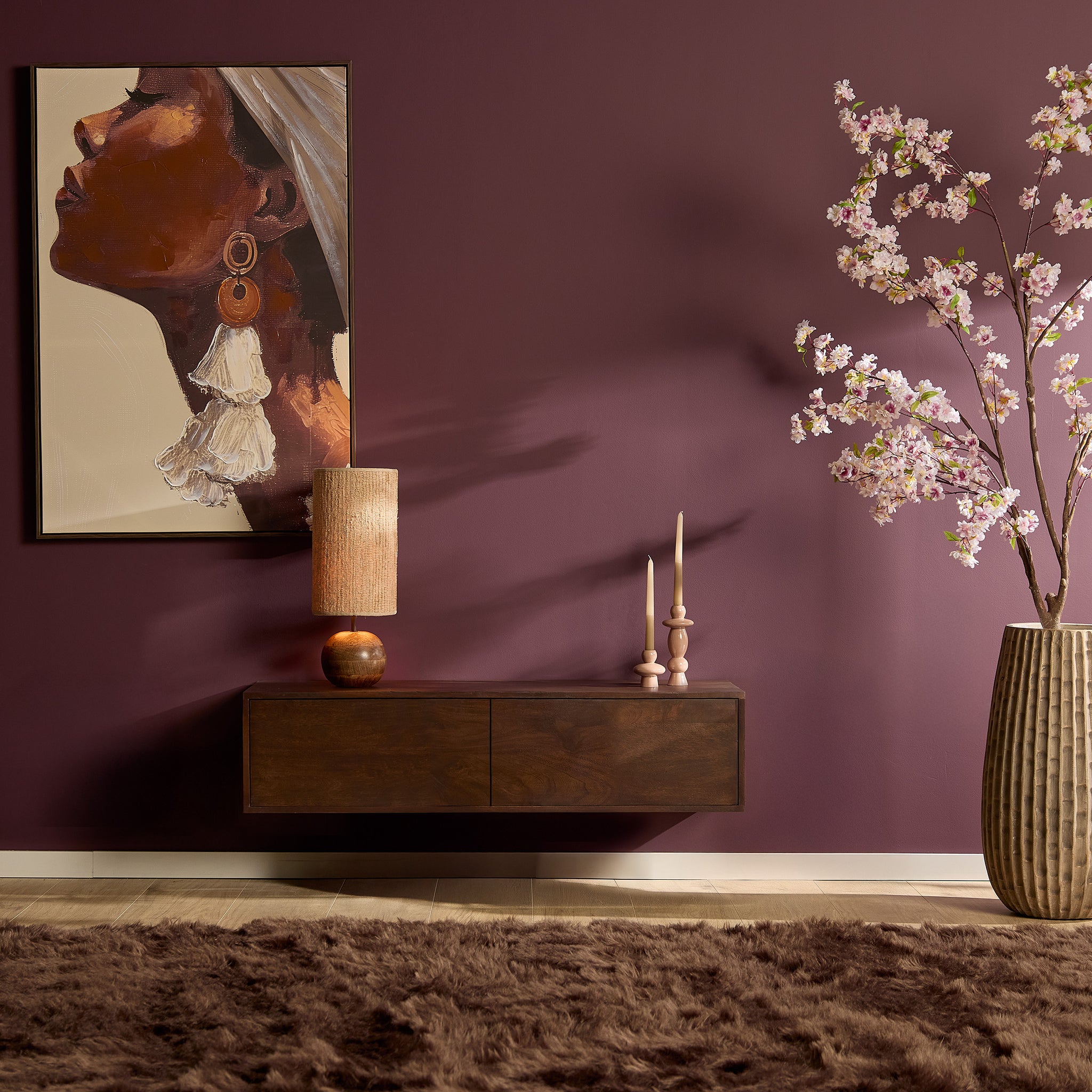 TV-Board Focus Braun – Schwebendes Lowboard aus Mangoholz, 120 x 35 x 30 cm, modernes TV-Board mit Push-to-Open Türen