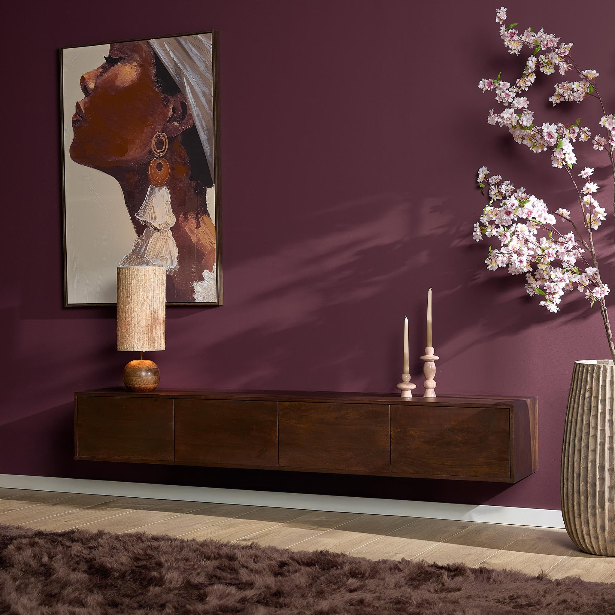 TV-Board Focus Braun – Schwebendes Lowboard aus Mangoholz mit Push-to-Open, 200 x 35 x 30 cm, modernes Wandmöbel