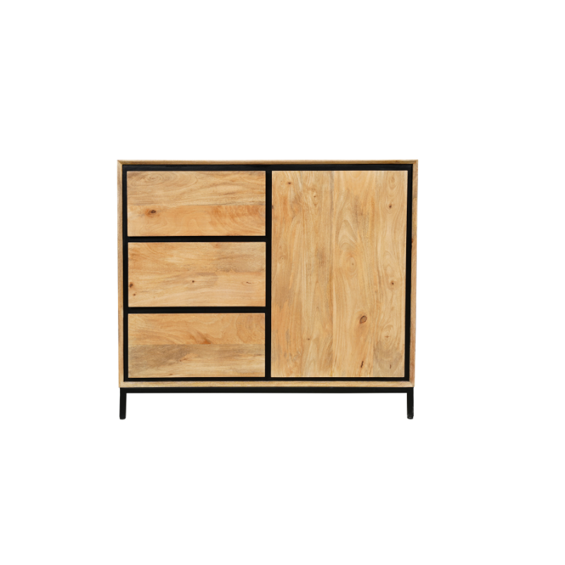 Kommode Rois – Sideboard aus Mangoholz & Metall mit Tür und 3 Schubladen, 100 x 45 x 85 cm