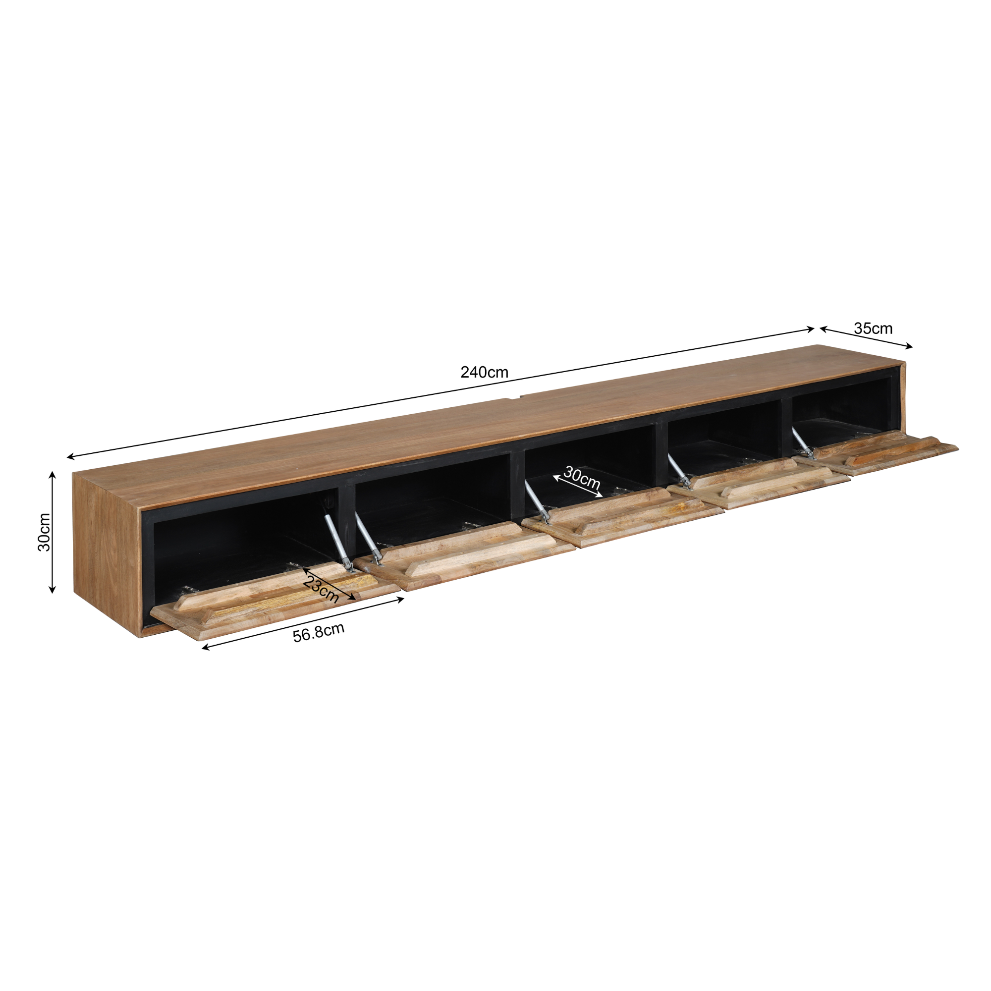 Schwebendes TV-Board Rois – Mangoholz, 5 Türen, 280 x 35 x 30 cm, Wandmontage