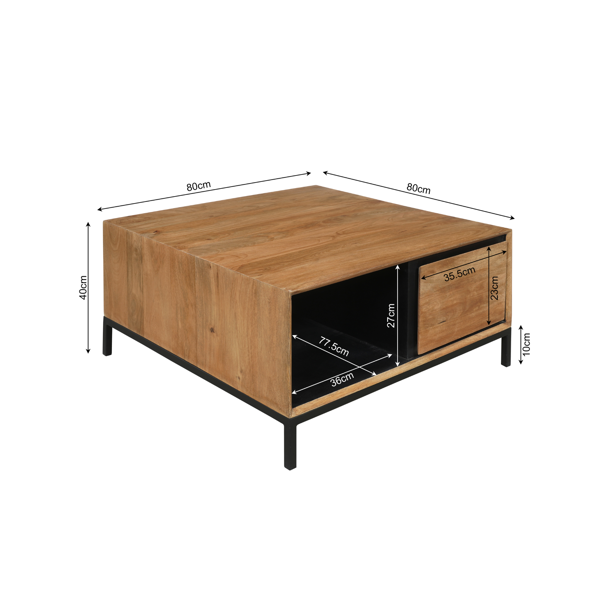 Couchtisch Rois – quadratischer Mangoholz Tisch 80×40×80 cm mit 2 Schubladen, offenem Fach & Metallrahmen