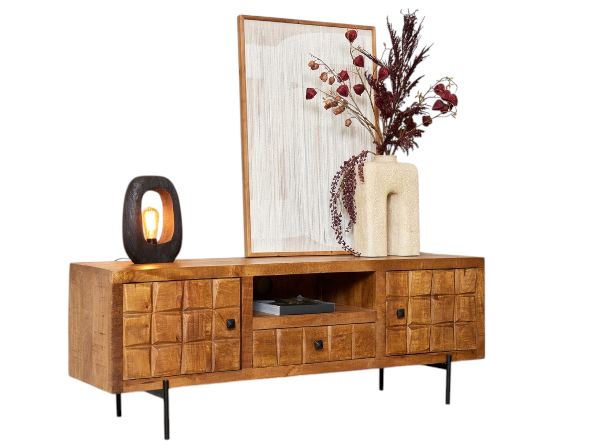 TV-Board Jacky Natur – Mangoholz & Metall, 150 x 40 x 55 cm, mit Blockmuster