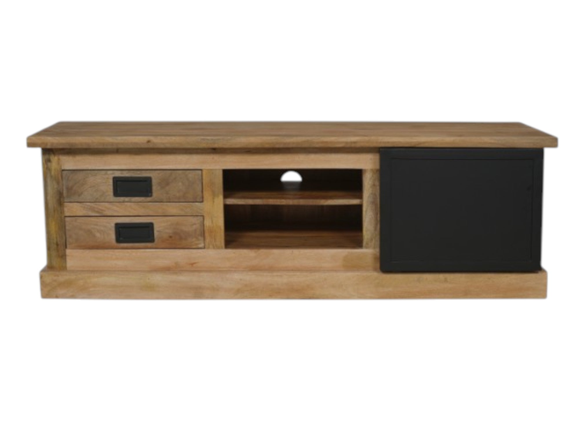 TV-Board Nizza – Mangoholz mit schwarzen Metalltüren & Holzeinlagen, 155 x 45 x 50 cm