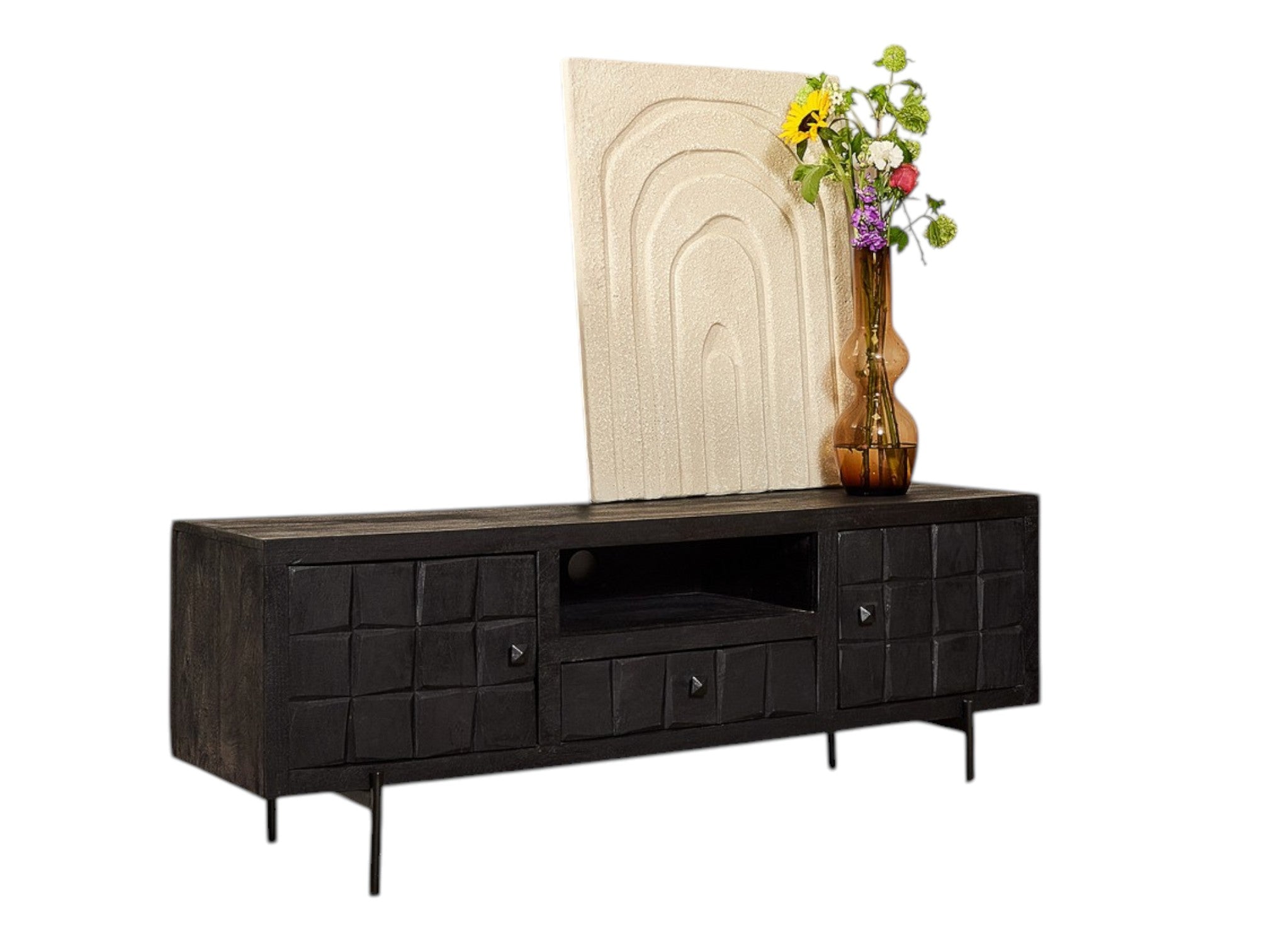 TV-Board Jacky Schwarz – Mangoholz mit Metallbeinen, Lamellen-Design & Stauraum, 180 x 40 x 55 cm