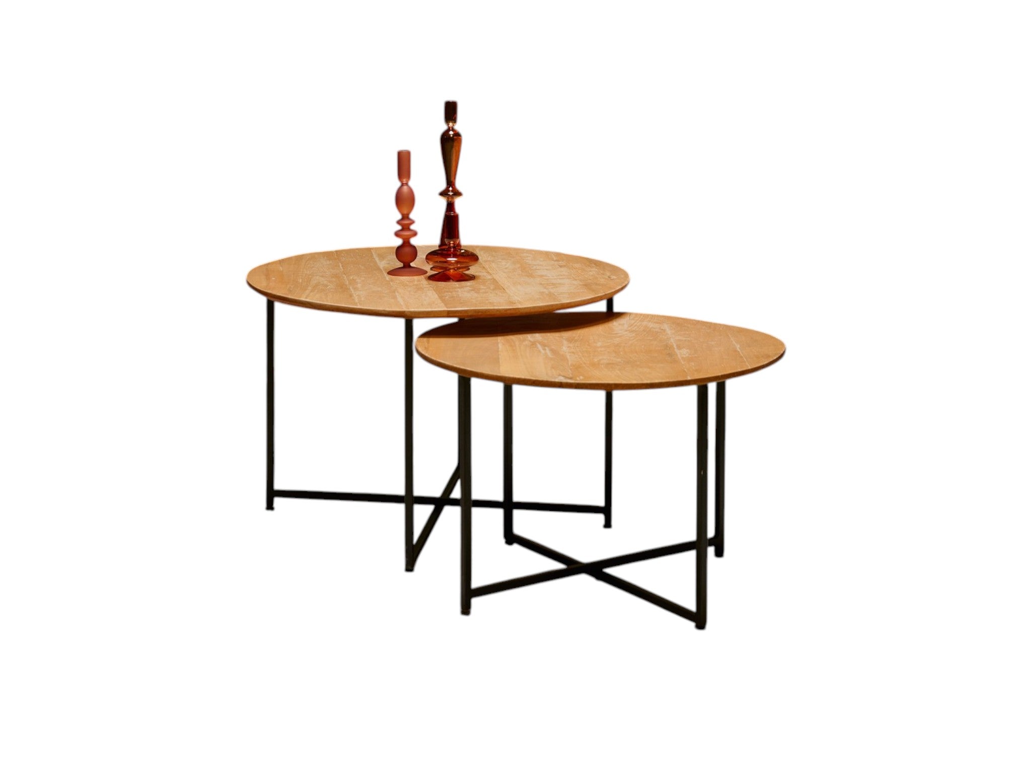 Couchtisch-Set Aloy – Mangoholz & schwarzes Metallgestell, 2er-Set, Ø70/60 x 45/40 cm, modernes Design